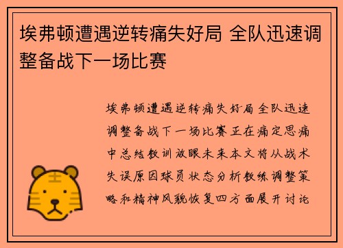 埃弗顿遭遇逆转痛失好局 全队迅速调整备战下一场比赛