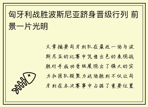 匈牙利战胜波斯尼亚跻身晋级行列 前景一片光明