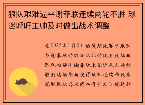 狼队艰难逼平谢菲联连续两轮不胜 球迷呼吁主帅及时做出战术调整