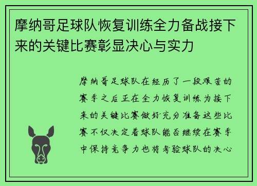 摩纳哥足球队恢复训练全力备战接下来的关键比赛彰显决心与实力