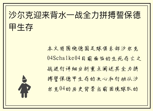 沙尔克迎来背水一战全力拼搏誓保德甲生存