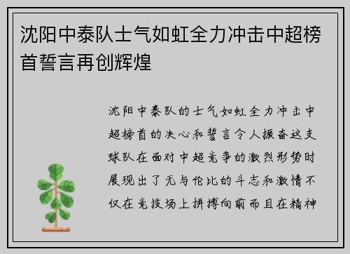 沈阳中泰队士气如虹全力冲击中超榜首誓言再创辉煌