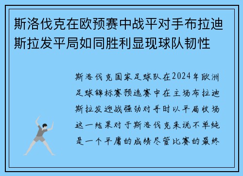 斯洛伐克在欧预赛中战平对手布拉迪斯拉发平局如同胜利显现球队韧性