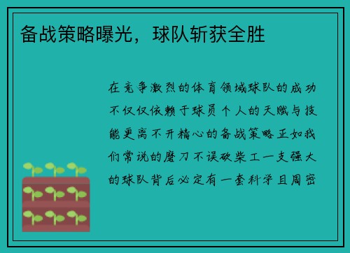 备战策略曝光，球队斩获全胜