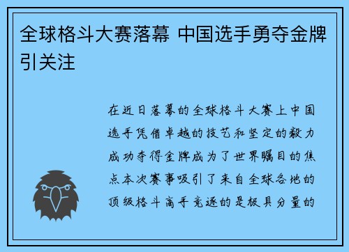 全球格斗大赛落幕 中国选手勇夺金牌引关注