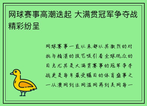 网球赛事高潮迭起 大满贯冠军争夺战精彩纷呈