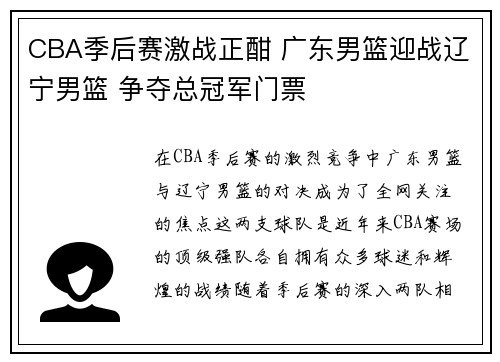CBA季后赛激战正酣 广东男篮迎战辽宁男篮 争夺总冠军门票